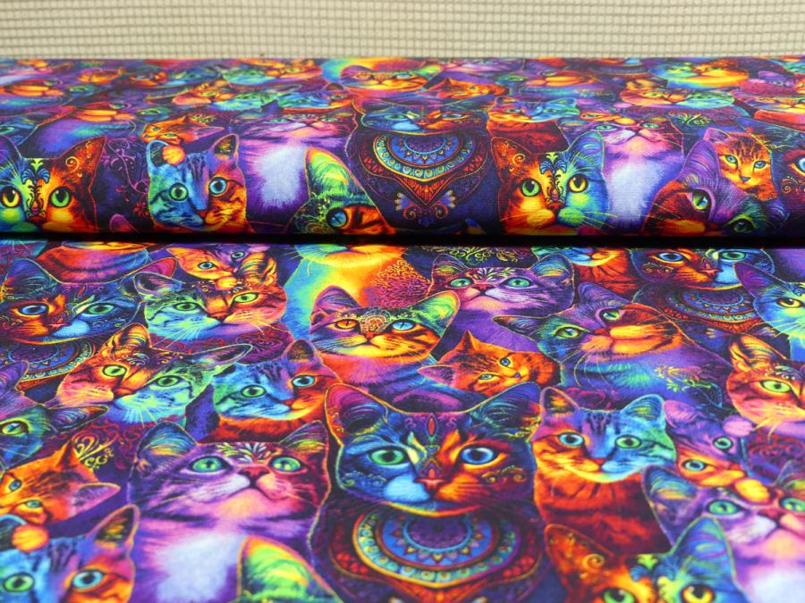 Preview: Patchworkstoff mit Katzen in frechen Neonfarben